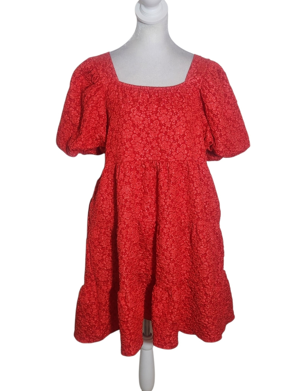 Southern Grace Red Textured Puffy Sleeve Mini Dress Size Medium